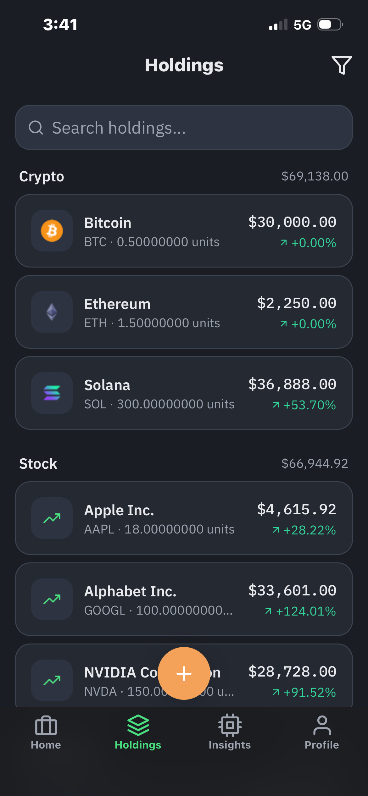 Briefcase app — portfolio overview